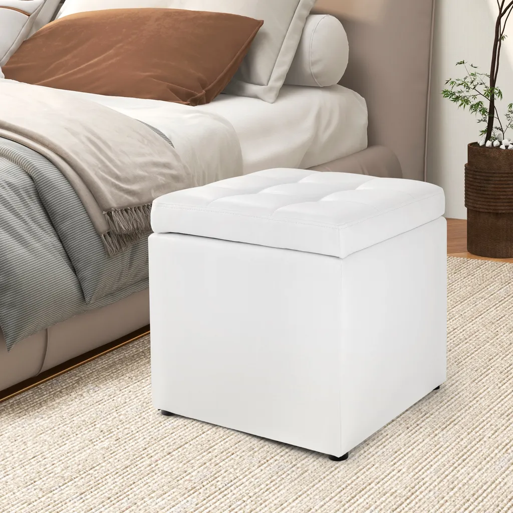 Pouf de Rangement Blanc 40cm avec Coussin Relief Cuir Synthétique Chic