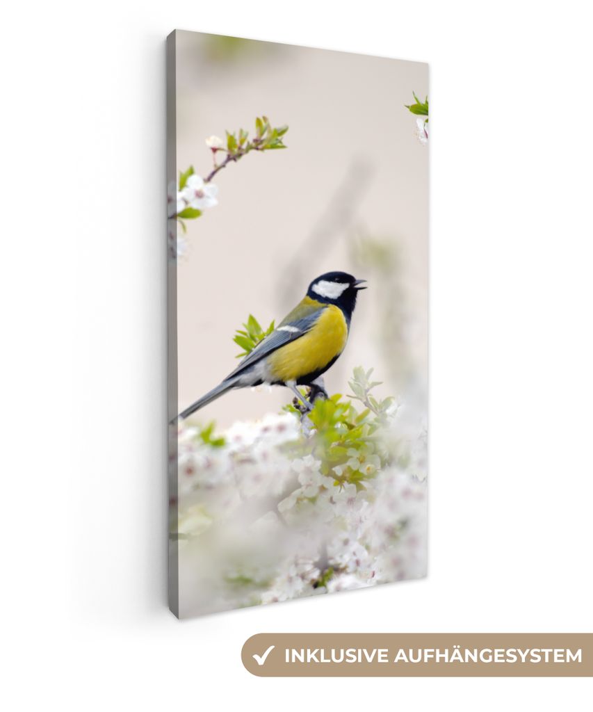 MuchoWow - Leinwandbilder - Vogel - Kohlmeise - Blumen - Blütenbaum, Wandbild, Wanddeko Bilder Wohnzimmer, 40x80 cm
