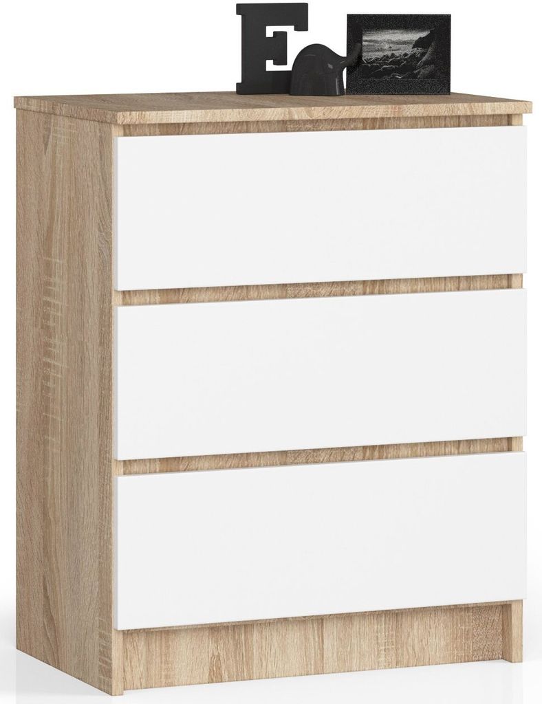Kommode mit drei Schubladen 77 cm hoch und 60 cm breit, Wohnzimmer, Schlafzimmer, Flur, Schrank, Sideboard, Highboard, viel Stauraum, sonoma weiß