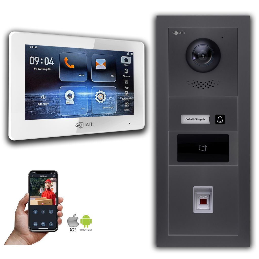 Goliath IP Video Türsprechanlage mit Kamera 7-Zoll Fingerprint RFID Anthrazit : Aufputzdose : 7 Zoll in Weiß : 1 Monitor Monitor Anzahl: 1 Monito...