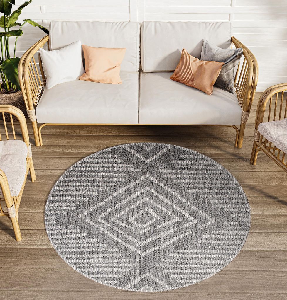 Teppich Rund Outdoor Indoor Wohnzimmer Schlafzimmer Grau Terasse Balkon 160 x 160 cm