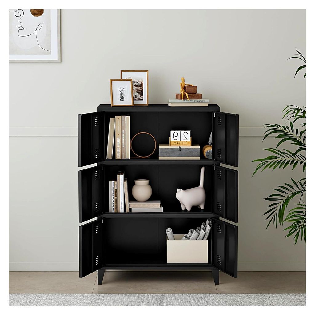 Büroschrank Hamina Aktenschrank mit 6 Türen und 3 Ablagefächern, Mehrzweckschrank aus Stahl, 80x40x113cm, Schwarz