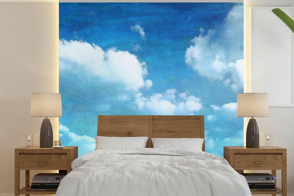MuchoWow Fototapete für Wohnzimmer oder Schlafzimmer Wandtapete Vinyl Motivtapete Wolken - Aquarell - Sommer - 220x220 cm - Tapeten
