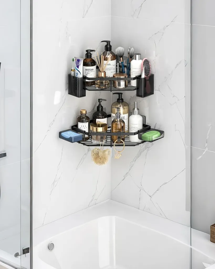 Rangement douche d'angle pour shampoing et savon sans trouer le mur