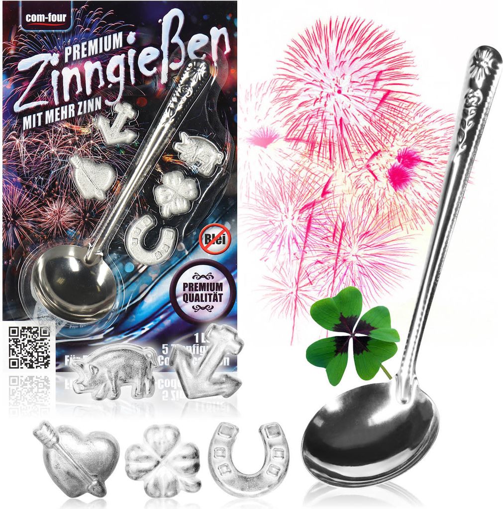 com-four Premium Zinngießen mit 5 extra schweren Figuren und 1 Löffel, Silvestergießen das Wahrsagerei-Partyspiel die gesunde Alternative zum ...