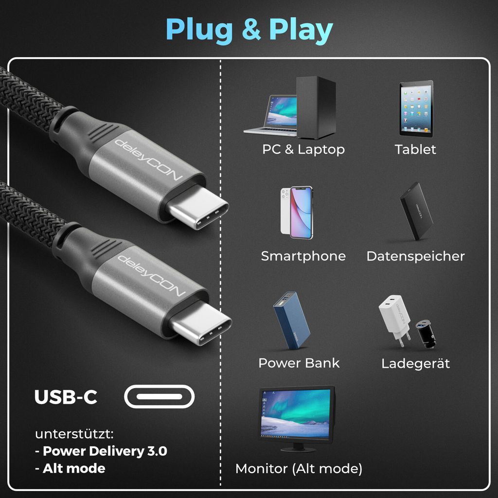 deleyCON 2m USB-C Kabel (USB 3.2 Gen2 10Gbit/s & 100W) Datenkabel Ladekabel 4K@60Hz für Ladegerät iPhone 16 15 Pro Max Airpods Watch Samsung Gala...