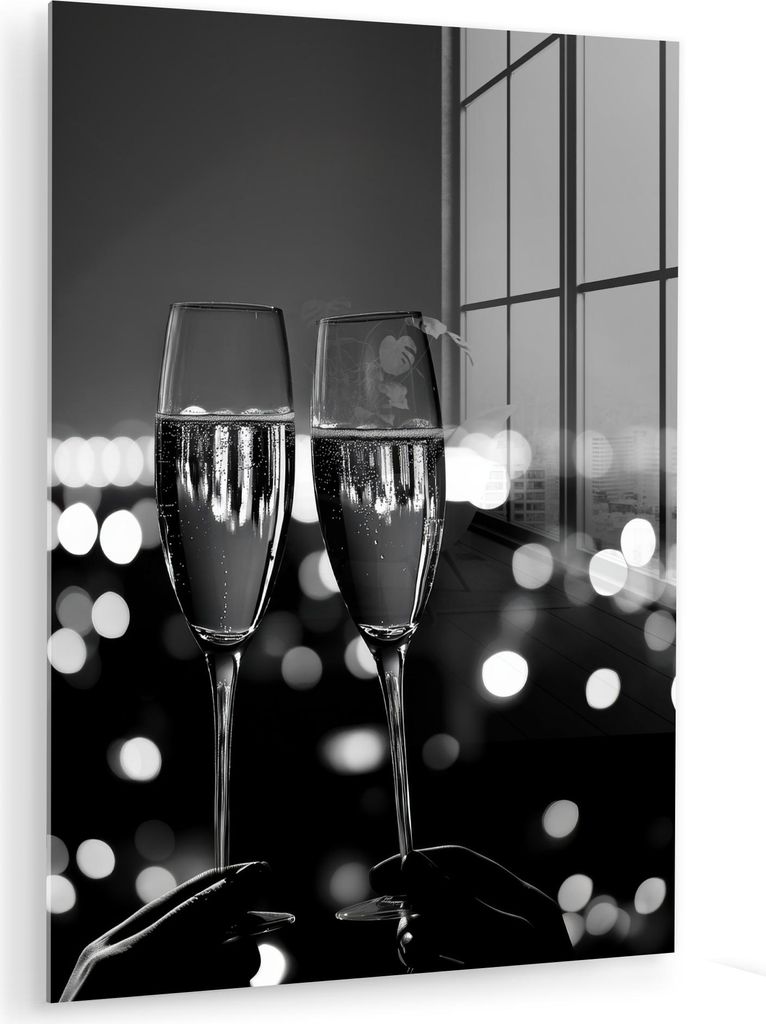 MuchoWow Glasbilder - Bilder auf Wandbild - Foto auf Glas Seifenblasen - Prost - Champagnergläser - Lichter der Stadt 60x80 cm Wanddekoration aus ...