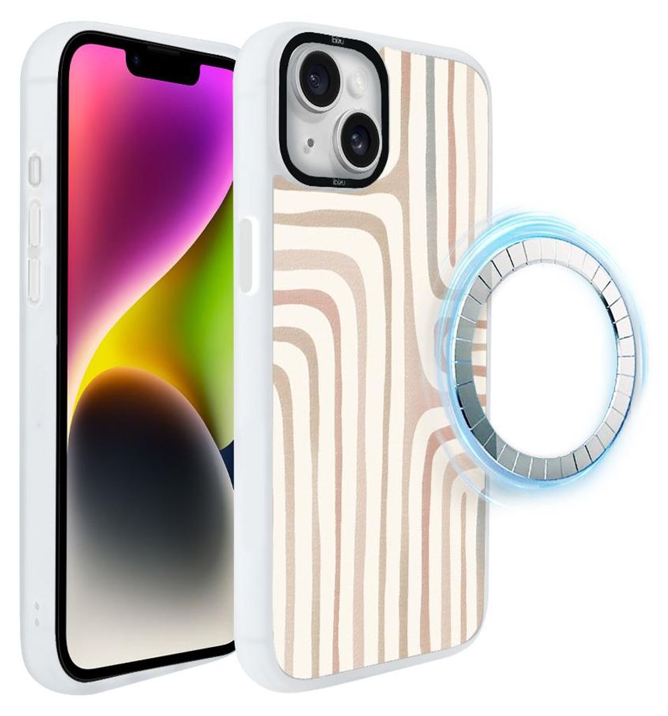 Schutzhülle für das iPhone 14, MagSafe-kompatibel, mattweiße Seiten, beige Streifen, im Boho-Stil