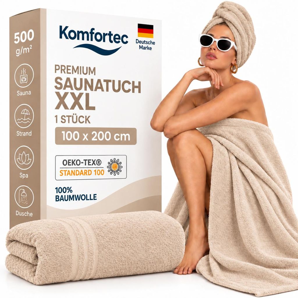 Komfortec Saunatuch 100x200 cm XXL, 100% Baumwolle, 500 Produktbild 