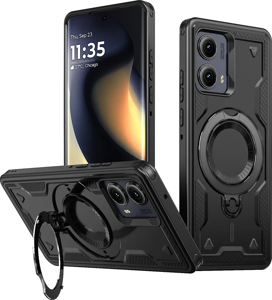 Custodia a doppio strato per Motorola Edge 2024 5G, custodia protettiva militare magnetica con anello in metallo e supporto Nero