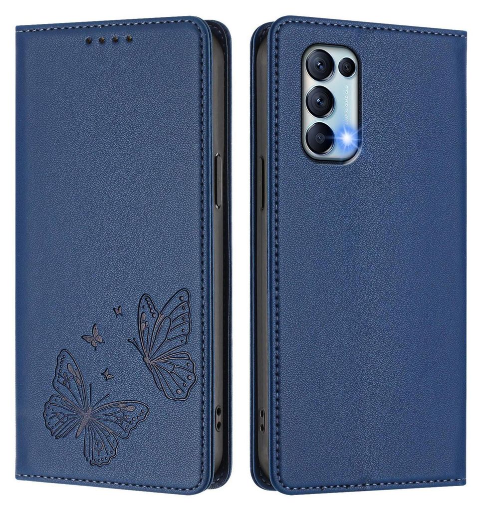 Lederhülle für Oppo Find X3 Lite, Schmetterling Prägung Leder Brieftasche Schutzhülle mit Ständer Dunkelblau