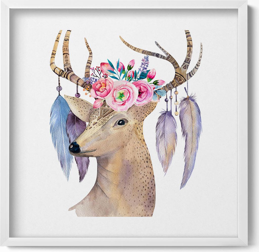 Hirschkopf und Blumen– Wandbild mit Rahmen – Gerahmtes Bild – Wanddekoration – 50x50 cm – Weiß Rahmen