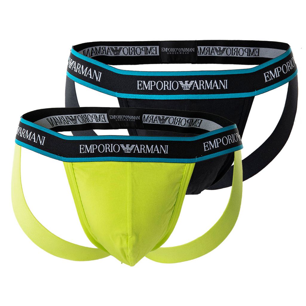 EMPORIO ARMANI Herren Jockstrap, 2er Pack - Jocks, Tanga Slip, Stretch Baumwolle Schwarz/Gelb L