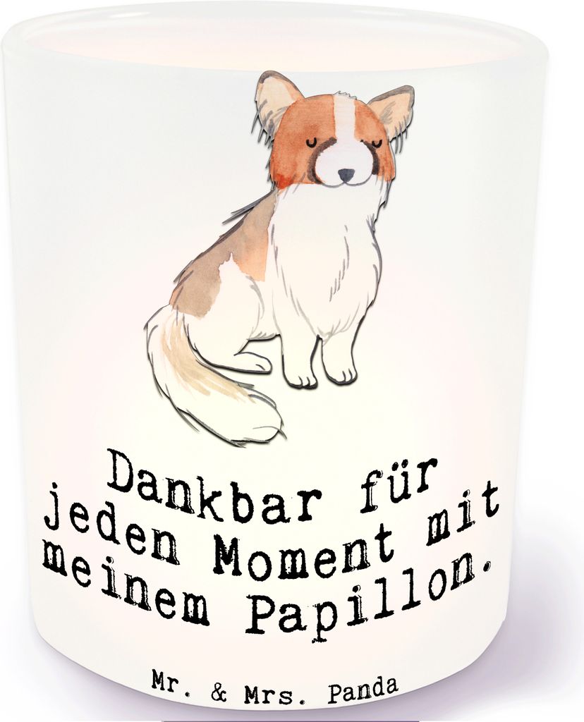 Mr. & Mrs. Panda Windlicht aus Glas Papillon Moment - Transparent - Geschenk, Teelichthalter, Kerzenhalter, Kontinentaler Zwergspaniel, Kerzen