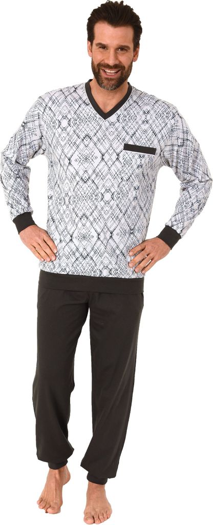 Herren Pyjama Schlafanzug langarm mit Bündchen in grapischen Muster - 102 101 90 488 ; grau , 56