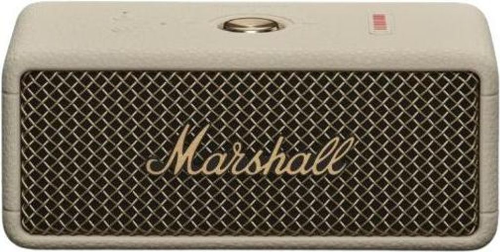 A close-up studio shot of a cream-colored Marshall portable speaker.