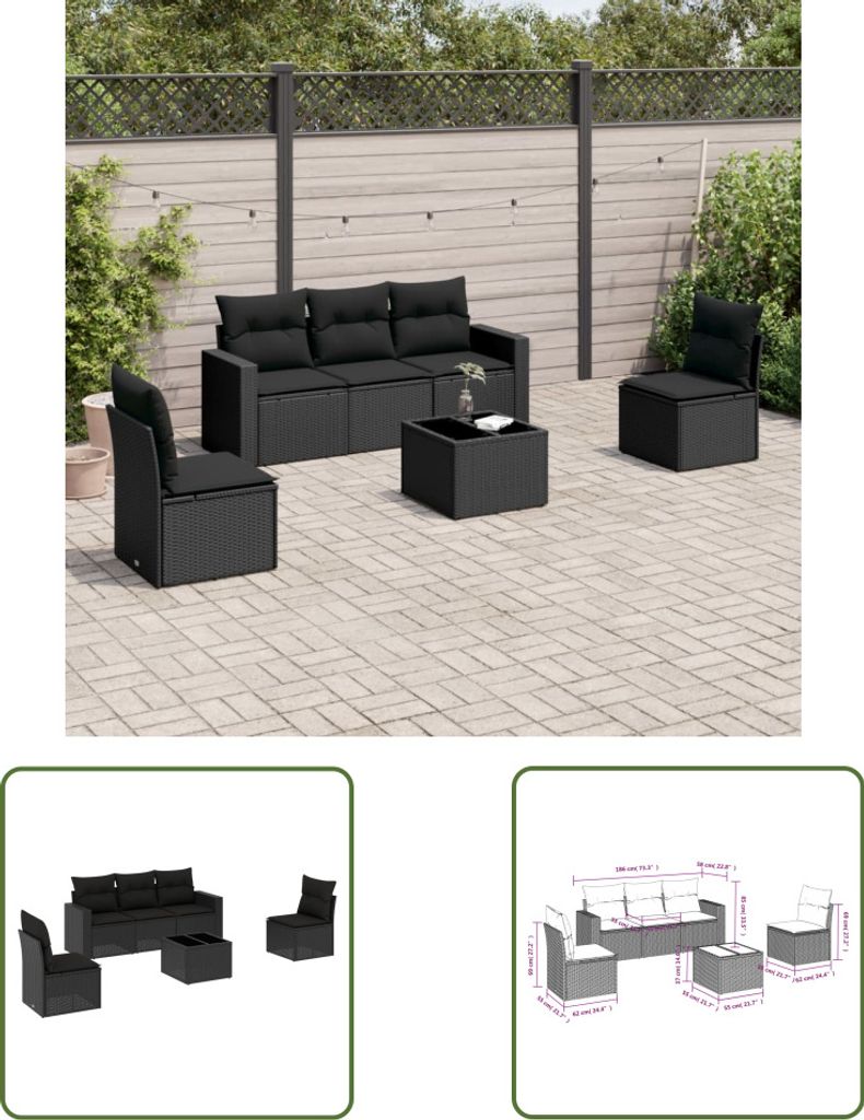 The Living Store 6-tlg. Garten-Sofagarnitur mit Kissen Schwarz Poly Rattan