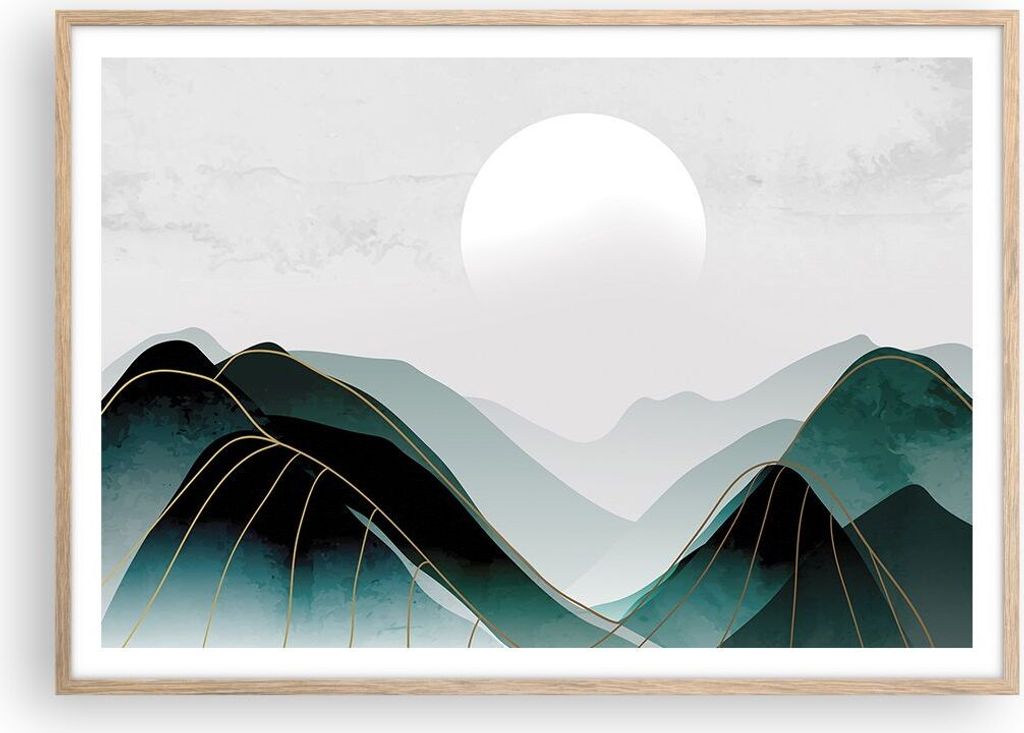 Gerahmtes Poster - Rahmen in heller Eiche - Abstraktion Berge Stück - 100x70 cm - Wand Bild - Wanddeko - Wandbilder - Kunstposter - Wandposter - B...