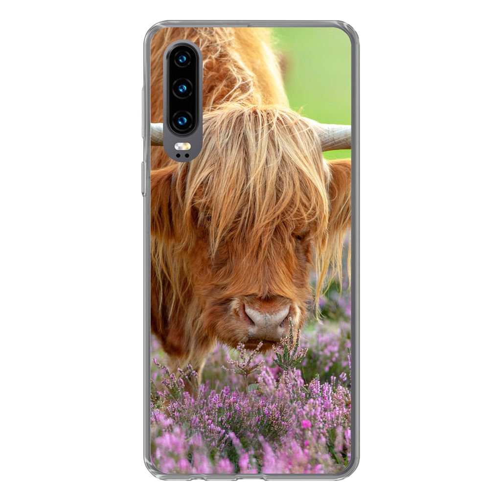 MuchoWow Handyhülle Schutzhülle Hülle für Huawei P30 Schottischer Highlander - Lila - Blumen Silikon Softcase Handy Hülle - Kartenbesitzer