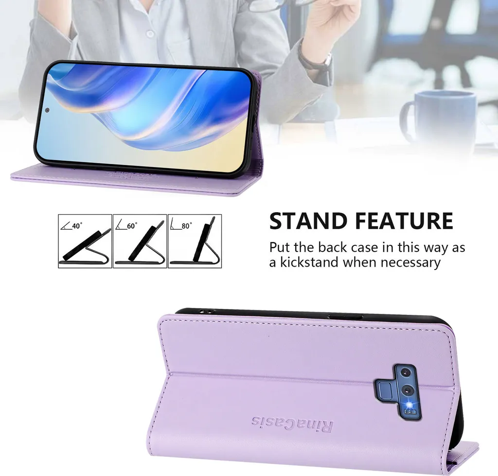 Custodia Note 9 Viola Robusta: Flip Case in Pelle con Supporto e Carte - 3