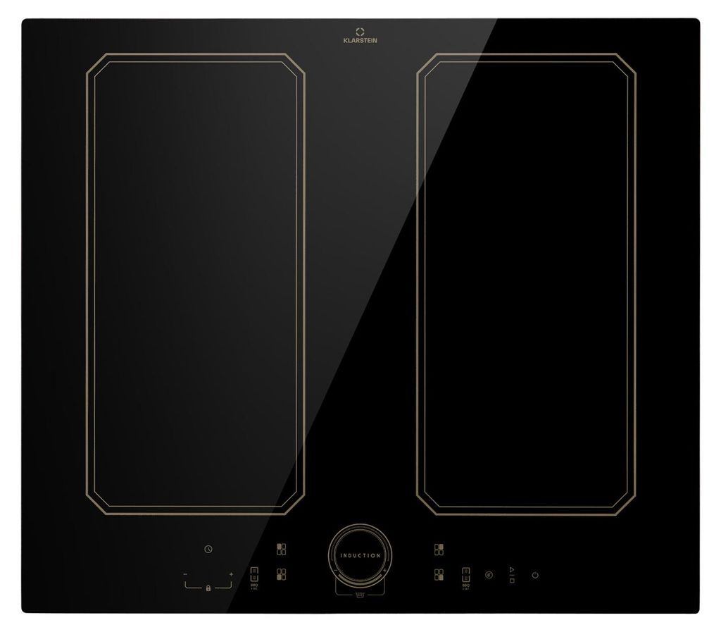 A top-down view of a black induction cooktop with gold trim.