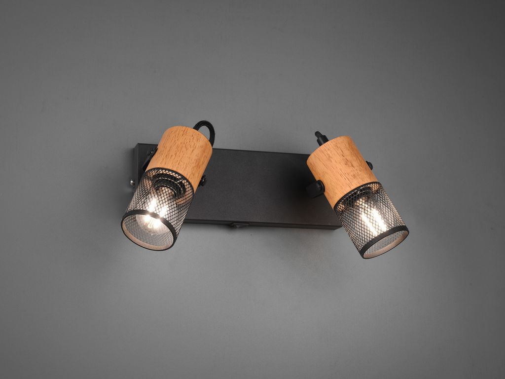Schwenkbarer LED Wandstrahler - Spotleuchte mit Schalter Metallgeflecht und Holz