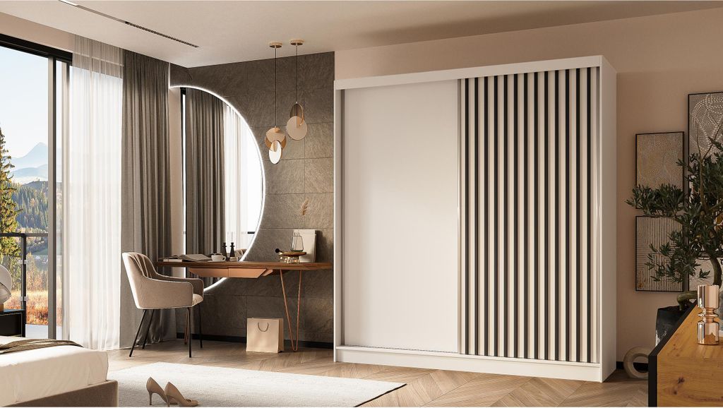 Kleiderschrank mit Lamellen LINEA 200 cm Weißer Schiebekleiderschrank mit schwarzen Lamellen an der Front Glatter zweitüriger Kleiderschrank mit ...