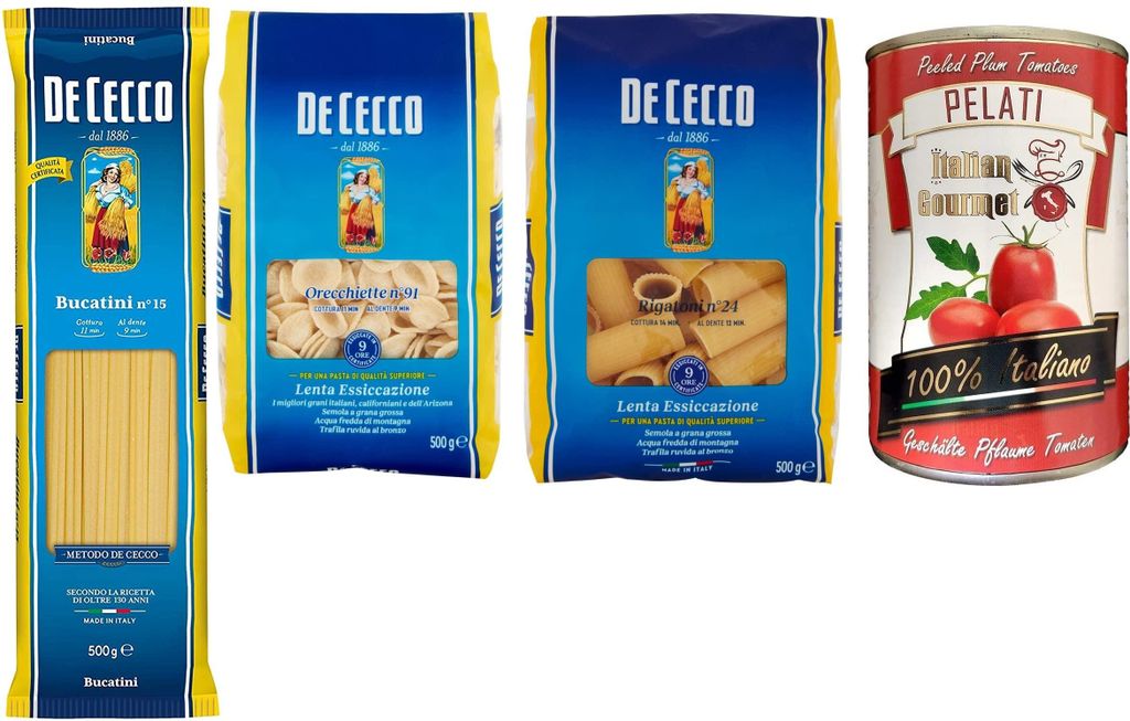 TESTPAKET De Cecco Pasta 1x Rigatoni 1x Orecchiette 1x Bucatini ( 3 x 500g ) + 1x Italian Gourmet 100% italienische geschälte Tomaten dosen 400g