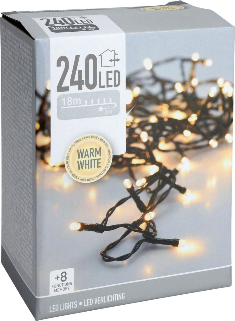 A product box for LED string lights, with a portion of the lights visible.