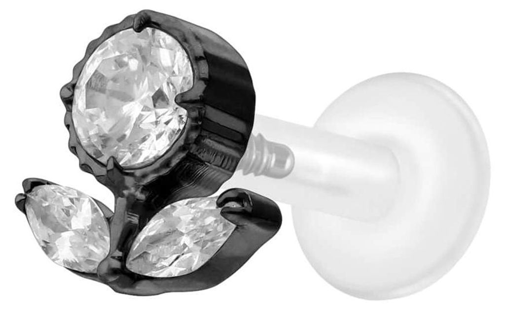 Ohrpiercing, Nasenpiercing PTFE Labret mit Innengewinde + Titan-Aufsatz KRISTALLBLUME Schwarz Stablänge: 6mm | Stabstärke: 1,6mm