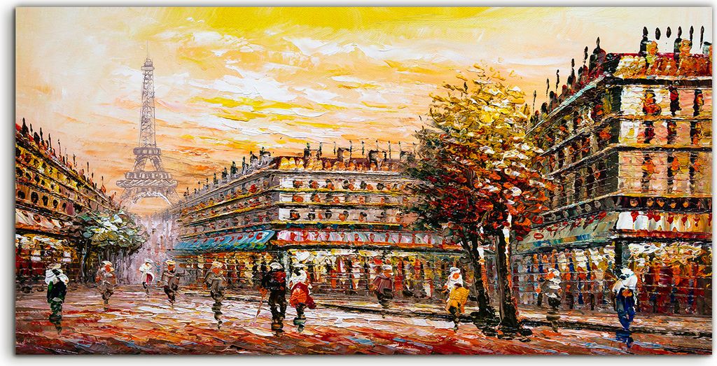 Coloray Acrylbild 100x50 Wandbild Acrylbilder Deko Paris Eiffel Baum Straße Menschen