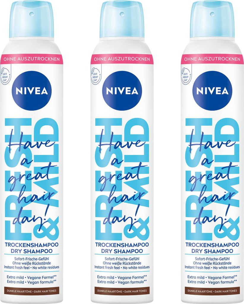 NIVEA Trockenshampoo Hair Care Fresh & Mild Dunkle Haartöne mild vegan 3 x 200ml