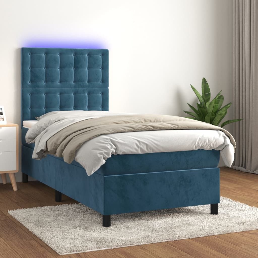 The Living Store Boxspringbett mit Matratze & LED Dunkelblau 100x200 cm Samt
