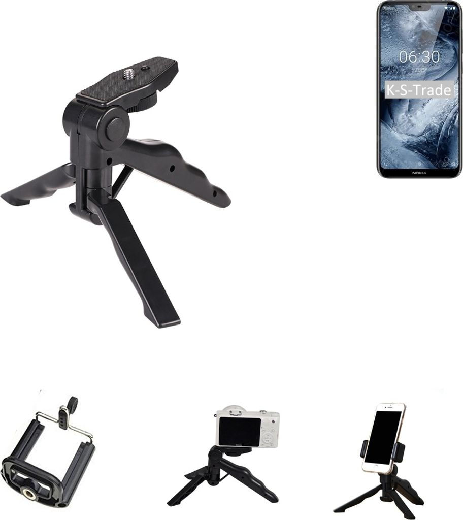 K-S-Trade Stativ Tisch-Ständer Dreibein Handy-Stativ Ständer kompatibel mit Nokia X6 Mini-Stativ Smartphone Tripod Handy-Stativ aus Plastik schwarz