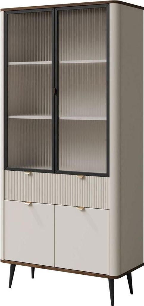 Standvitrine Marly Glasvitrine 90x40x191cm Farbe wählbar 4-türig,Kaschmir / Walnuss