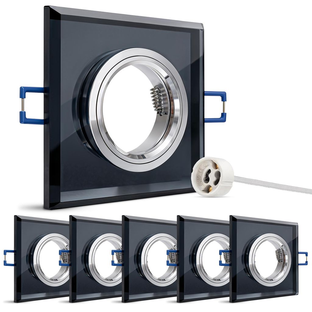 SSC-LUXon ALINA 6x Design Glas Einbaustrahler eckig schwarz mit Fassung für GU10 oder Modul - Einbau Deckenleuchte Lochmaß 60-70mm