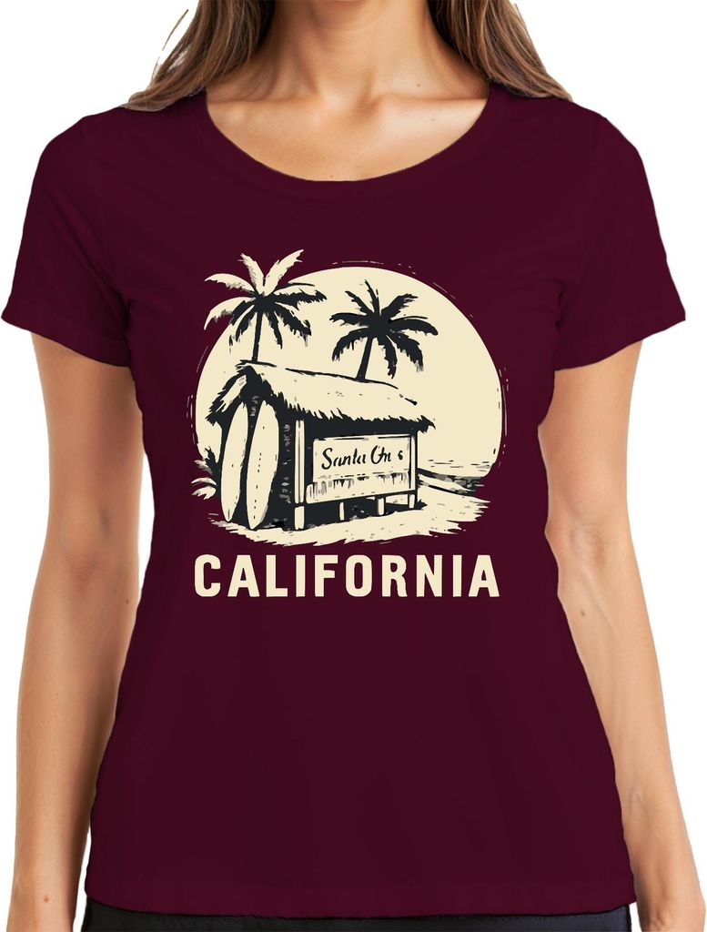 California Surfen Palmen Surfbretter Strandhütte Vintage Sommer Damen T-Shirt, Burgundy, S