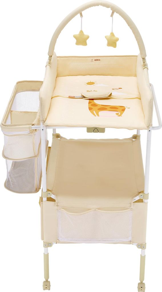 SucceBuy Faltbarer Wickeltisch mit Seitenkorb und Kleiderstange in Beige