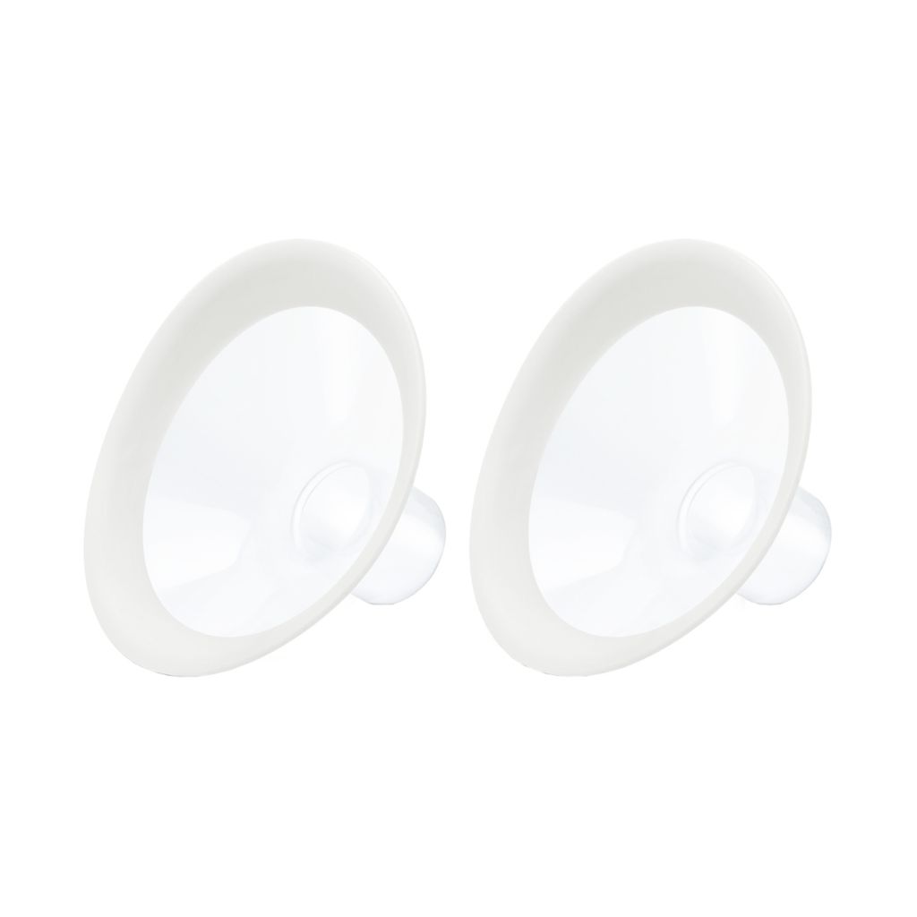 Two clear breast pump flanges with white rims are shown against a white background.