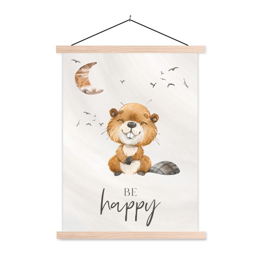 MuchoWow Textilposter Zitate - Glücklich sein - Kinder - Mond - Biber - Aquarell 120x160 cm mit holzfarbenen Rahmen - Plakatkarton