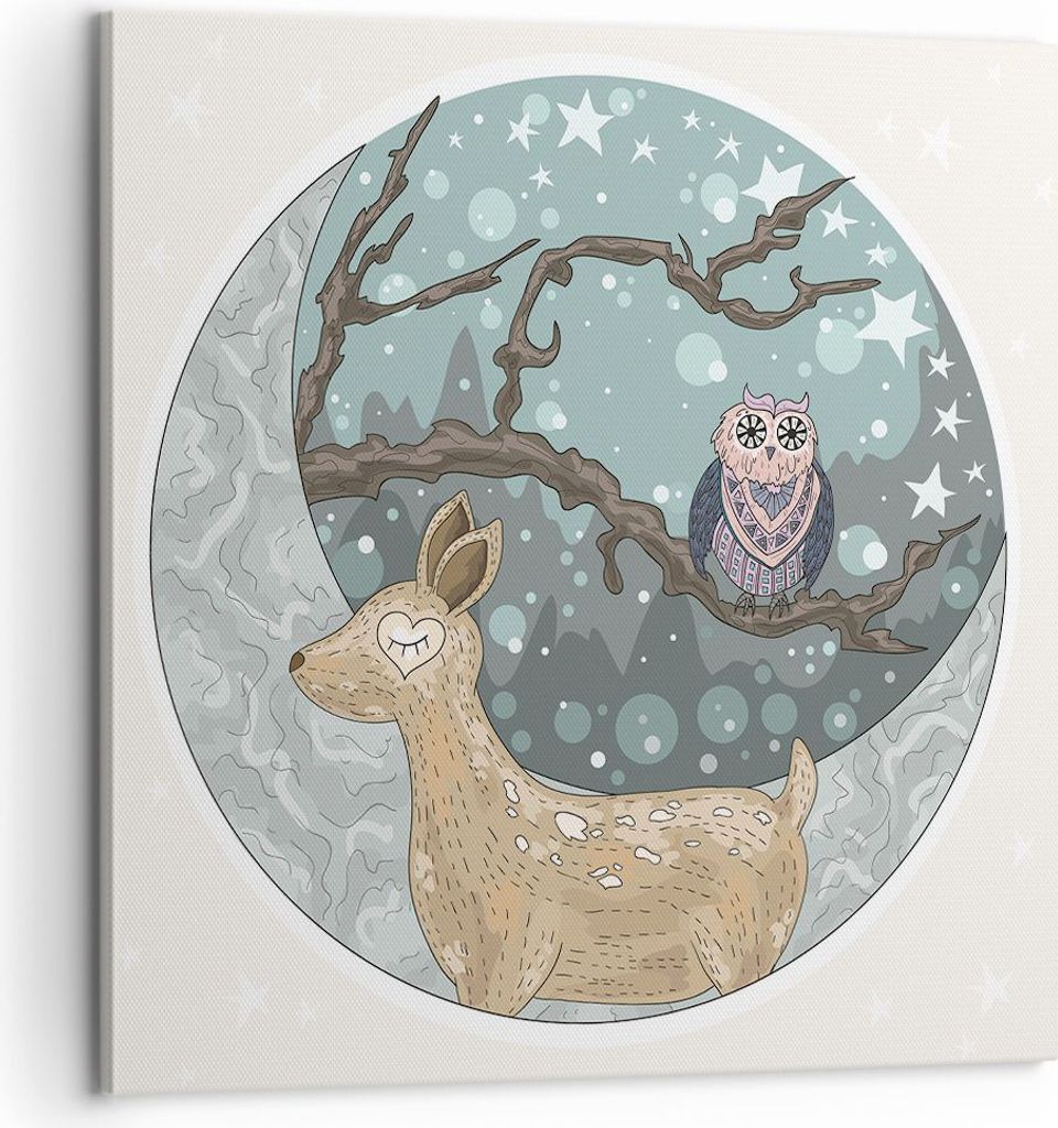 Bild auf Leinwand - Leinwandbild - Tiere Nacht Mond Eule - 60x60cm - Wand Bild - Wanddeko - Leinwanddruck - Bilder - Kunstdruck - Wanddekoration - ...