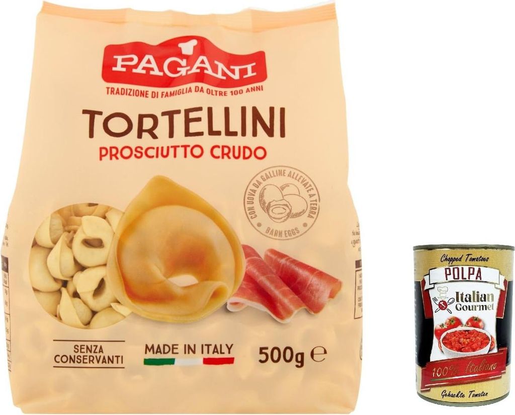 6x Pagani Pasta all' Uovo Tortellini con Prosciutto Crudo, Eiernudeln mit Parma ham, Pasta mit Ei 500g + Italian Gourmet polpa 400g