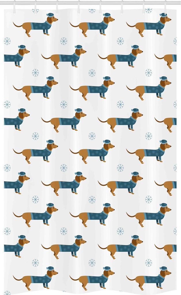 ABAKUHAUS Dackel Schmaler Duschvorhang, Hund in Pullover Snowflake, Badezimmer Deko Set aus Stoff mit Haken, 120 x 180 cm, Ginger dunklen Türkis