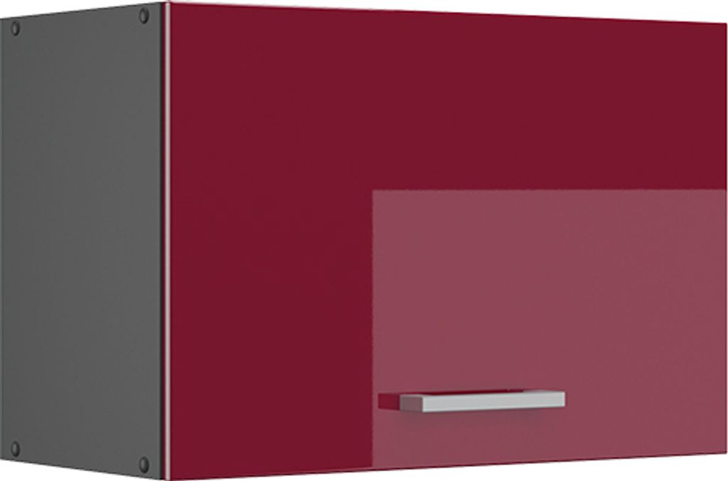 A product shot of a red and gray kitchen cabinet.