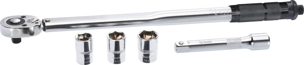 A torque wrench set with multiple sockets and an extension bar, laid out on a white background.