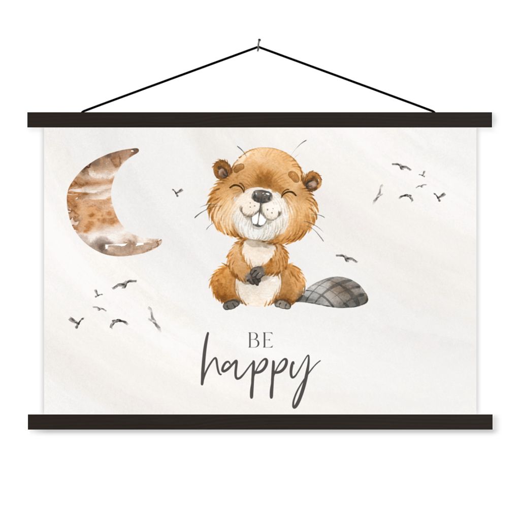 MuchoWow Textilposter Zitate - Glücklich sein - Kinder - Mond - Biber - Aquarell 150x100 cm mit schwarzem Rahmen - Schlafzimmer