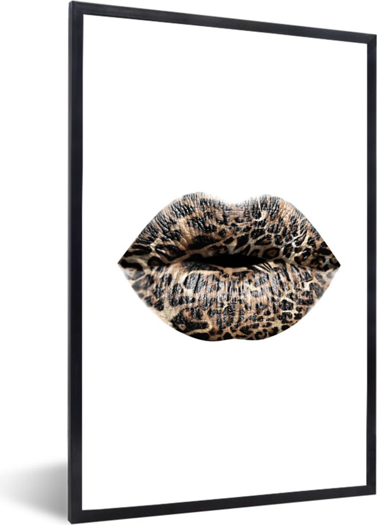 MuchoWow MuchoWow Gerahmtes Poster Lippen - Tigerdruck - Weiß 60x90 cm - Poster mit zchwarzem Bilderrahmen - Kunst