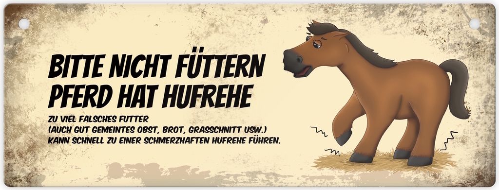 Metallschild mit braunem Pferd Motiv und Spruch: Bitte nicht füttern - Hufrehe