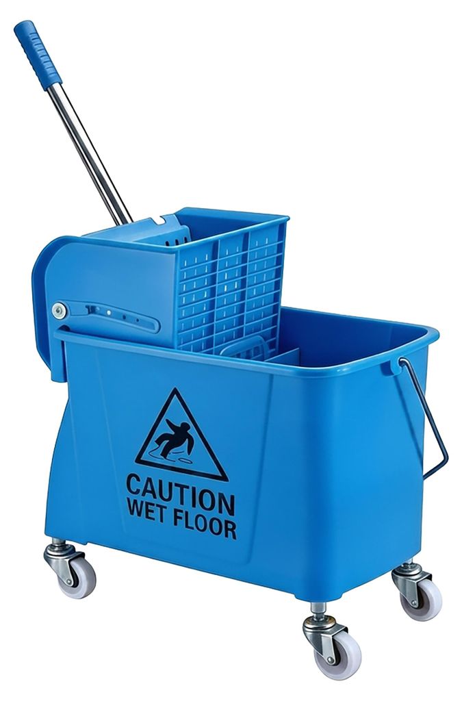 Relaxdays Reinigungswagen, 2-Kammer-System, Putzwagen mit Presse, Mopphalter, HBT: 66x44x28 cm, Wischwagen, PP, blau