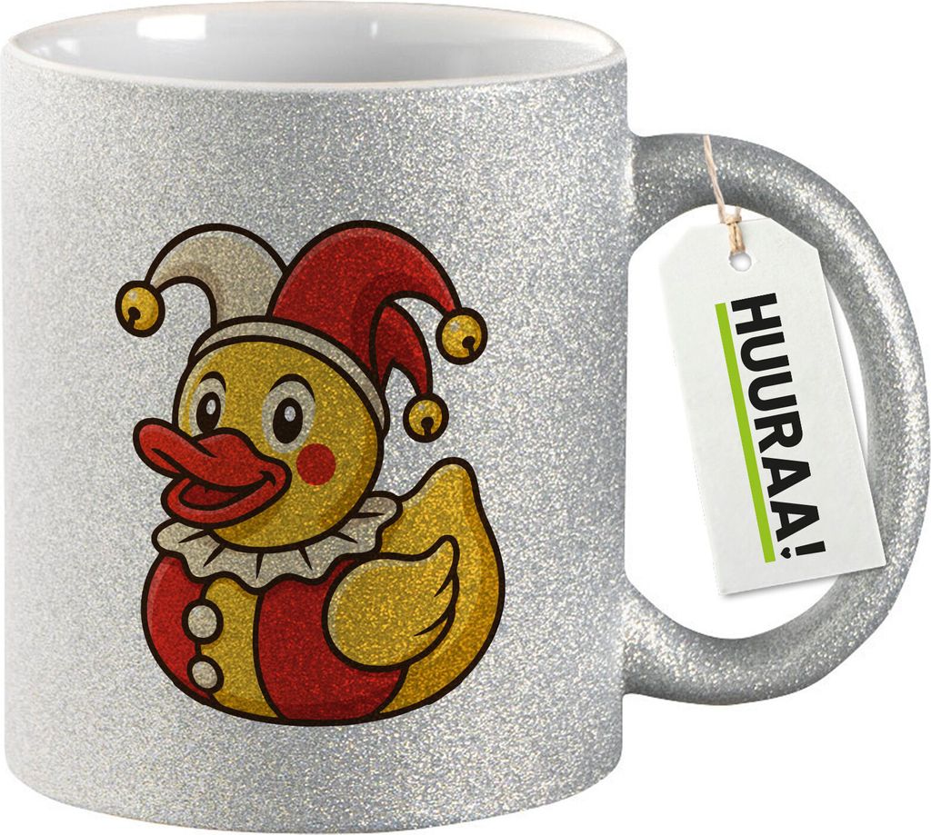Huuraa Glitzertasse Quietscheente Joker Gummiente Hofnarr 330ml Silber Keramik Kaffeebecher Geschenkidee